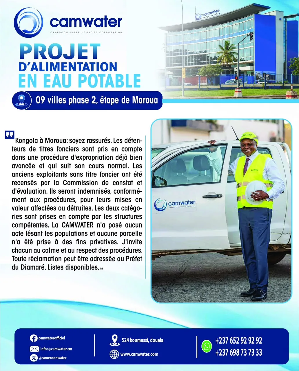 Indemnisation et expropriation à Kongola (Maroua) : La CAMWATER rassure les populations concernées